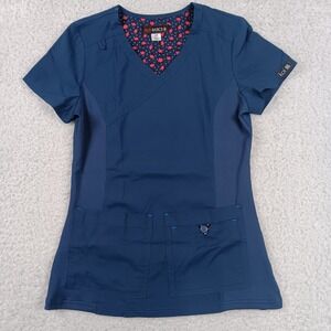 Koi Basics Scrub Top Women XS Navy Blue Becca Mock Wrap Rib Knit Side 07088